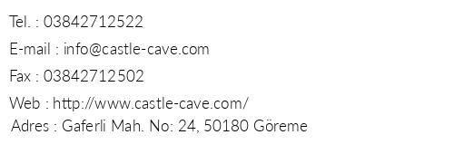 Castle Cave House telefon numaralar, faks, e-mail, posta adresi ve iletiim bilgileri